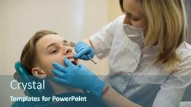  Presentation with dentist - Audience pleasing theme consisting of woman-dentist-doing-teeth-checkup backdrop and a ocean colored foreground
