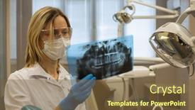  Presentation with dental office - Beautiful theme featuring woman dentist in dental office stares at x-ray image of tooths backdrop and a tawny brown colored foreground