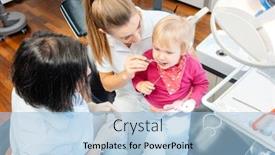  Presentation with baby teeth - Cool new PPT theme with woman-dentist-looking-after-baby backdrop and a light blue colored foreground