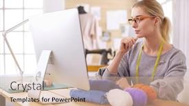  Presentation with computer workshop - Colorful slide set enhanced with woman-designer-in-workshop-looking backdrop and a soft green colored foreground