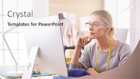  Presentation with computer workshop - Slide deck enhanced with woman-designer-in-workshop-looking background and a sky blue colored foreground