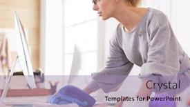  Presentation with workshop - Amazing PPT theme having woman-designer-in-workshop-looking backdrop and a light blue colored foreground