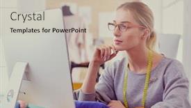  Presentation with computer workshop - Slide set featuring woman-designer-in-workshop-looking background and a soft green colored foreground