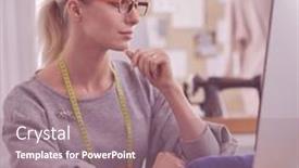  Presentation with computer workshop - PPT theme featuring woman-designer-in-workshop-looking background and a coral colored foreground