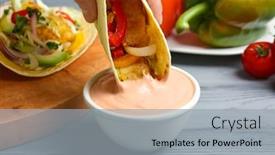  Presentation with taco - Amazing PPT layouts having woman dipping fish taco in sauceboat with tasty creamy tomato sauce on wooden table backdrop and a light gray colored foreground