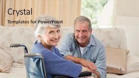  Presentation with camera - Colorful slide deck enhanced with woman disability - mature couple looking backdrop and a lemonade colored foreground