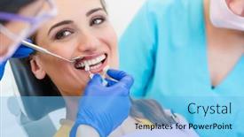  Presentation with dentist - PPT theme having woman-discussing-dental-bleaching background and a light blue colored foreground