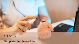  Presentation with spray - Slide deck with woman-disinfects-the-surface background and a coral colored foreground