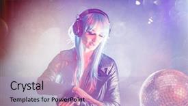  Presentation with dance music - Colorful PPT layouts enhanced with woman dj mixing music records backdrop and a light blue colored foreground