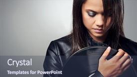  Presentation with vinyl record - Slide set consisting of woman dj portrait with vinyl record and headphones background and a tawny brown colored foreground