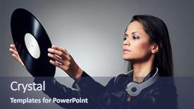  Presentation with vinyl record - Audience pleasing theme consisting of woman dj portrait with vinyl record and headphones backdrop and a navy blue colored foreground