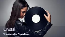  Presentation with vinyl record - Slide deck with woman dj portrait with vinyl record and headphones background and a wine colored foreground