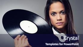  Presentation with vinyl record - Presentation theme featuring woman dj portrait with vinyl record and headphones background and a navy blue colored foreground