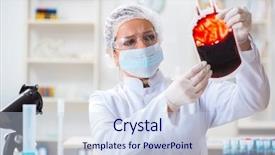  Presentation with blood flow cells - Presentation design with woman doctor checking blood samples background and a sky blue colored foreground