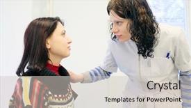  Presentation with eye doctor - Slide set enhanced with woman doctor examines the patient's eye background and a soft green colored foreground