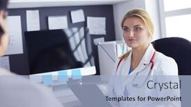  Presentation with diagnosis - Cool new PPT layouts with woman-doctor-explaining-diagnosis backdrop and a light blue colored foreground