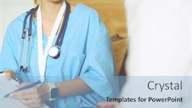  Presentation with diagnosis - Presentation design consisting of woman-doctor-explaining-diagnosis background and a light blue colored foreground