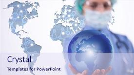  Presentation with woman world - PPT theme with medical world globe - woman doctor holding earth background and a sky blue colored foreground
