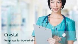  Presentation with hospital - Beautiful slide set featuring woman doctor in a hospital backdrop and a sky blue colored foreground