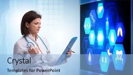  Presentation with telemedicine word cloud concept - PPT theme consisting of woman doctor in telemedicine concept background and a light blue colored foreground