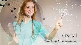  Presentation with doctor helps to get out of bed an elderly woman - PPT theme featuring woman doctor pressing virtual button background and a lemonade colored foreground