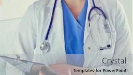  Presentation with hospital - PPT theme consisting of woman-doctor-standing-with-folder background and a light gray colored foreground