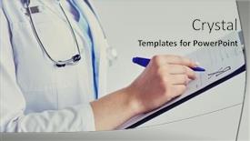  Presentation with hospital - Presentation design consisting of woman-doctor-standing-with-folder background and a light gray colored foreground