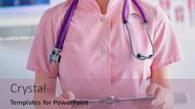  Presentation with hospital - Slide set with woman-doctor-standing-with-folder background and a coral colored foreground