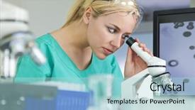  Presentation with scientific - Beautiful PPT theme featuring woman doctor using her microscope backdrop and a light blue colored foreground