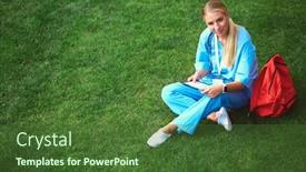  Presentation with computer - Beautiful slide deck featuring woman-doctor-using-tablet-computer backdrop and a tawny brown colored foreground