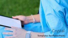  Presentation with tablet - PPT layouts featuring woman-doctor-using-tablet-computer background and a light blue colored foreground