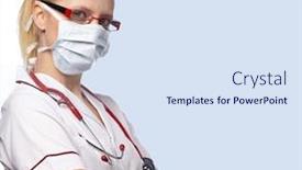  Presentation with anti virus - PPT theme having woman-doctor-wearing-medical-anti background and a sky blue colored foreground