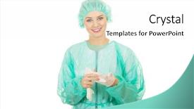  Presentation with rubber gloves doctor puts - Audience pleasing PPT theme consisting of woman doctor wearing medical gloves backdrop and a  colored foreground