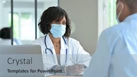  Presentation with doctor office - Amazing PPT theme having woman-doctor-with-patient backdrop and a light blue colored foreground