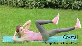  Presentation with exercise mat - Audience pleasing presentation design consisting of woman doing bicycle crunch exercise backdrop and a seafoam green colored foreground