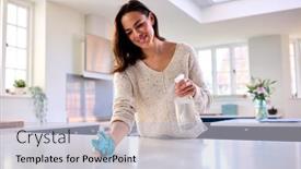  Presentation with spray - Slide set featuring woman-doing-chores-in-kitchen background and a light gray colored foreground