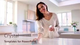  Presentation with spray - Presentation theme having woman-doing-chores-in-kitchen background and a soft green colored foreground