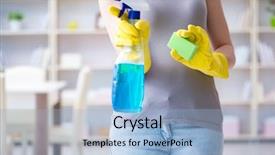  Presentation with cleaning - Beautiful PPT theme featuring woman doing cleaning at home backdrop and a light blue colored foreground