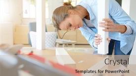  Presentation with diy - PPT theme featuring woman doing diy work assembling furniture at home background and a soft green colored foreground