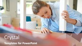  Presentation with diy - PPT theme with woman doing diy work assembling furniture at home background and a coral colored foreground