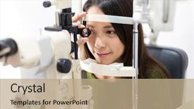  Presentation with examination - Audience pleasing slides consisting of woman doing examination of eyes backdrop and a coral colored foreground