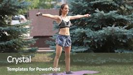  Presentation with exercise - Presentation theme featuring woman doing exercise with dumb background and a gray colored foreground