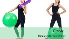  Presentation with exercises - Colorful slide set enhanced with woman doing exercises with fitball backdrop and a seafoam green colored foreground
