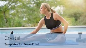  Presentation with exercises - PPT theme with woman doing fitness exercises outside by the pool background and a light blue colored foreground