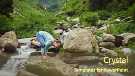  Presentation with waterfall woman - Audience pleasing PPT theme consisting of woman doing kakasana asana - crow pose arm balance outdoors at tropical waterfall vintage retro effect filtered hipster style image backdrop and a tawny brown colored foreground
