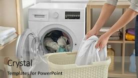  Presentation with laundry - Beautiful slide deck featuring woman doing laundry at home backdrop and a mint green colored foreground