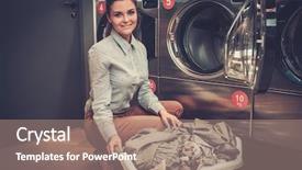  Presentation with laundry shop - Colorful PPT theme enhanced with woman doing laundry at laundromat backdrop and a coral colored foreground