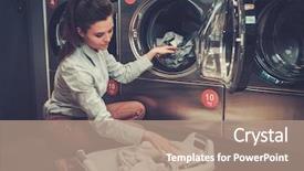  Presentation with laundry shop - Slides consisting of woman doing laundry at laundromat background and a coral colored foreground
