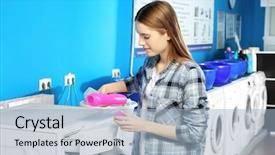  Presentation with laundromat - Amazing PPT theme having woman doing laundry in laundromat backdrop and a  colored foreground