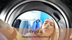  Presentation with laundromat - Slide deck having woman doing laundry in laundromat background and a  colored foreground